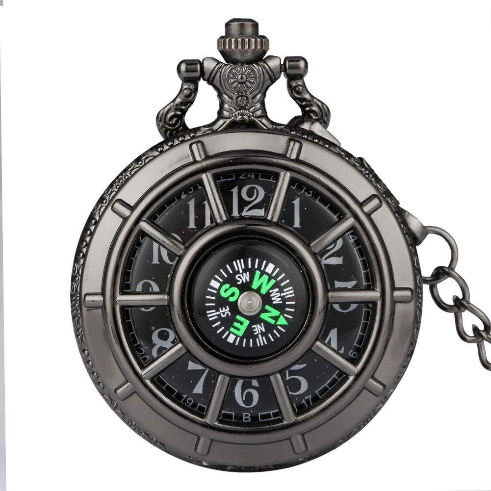 

Skeleton Black Starry Dial Compass Design Hollow Steampunk Quartz Pocket Watch Necklace Chain Pendant Clock Gifts for Men Ladies