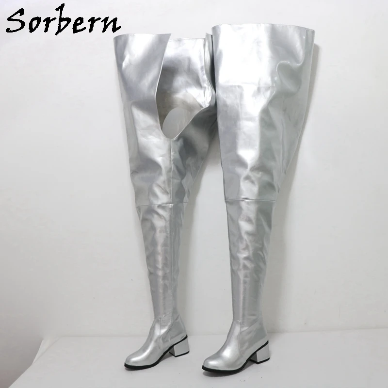 

Sorbern Silver Crotch Thigh Boots Women Custom Wide Hoof Block High Heel Fetish Boot Drag Queen Fetish Boots Midum Heeled