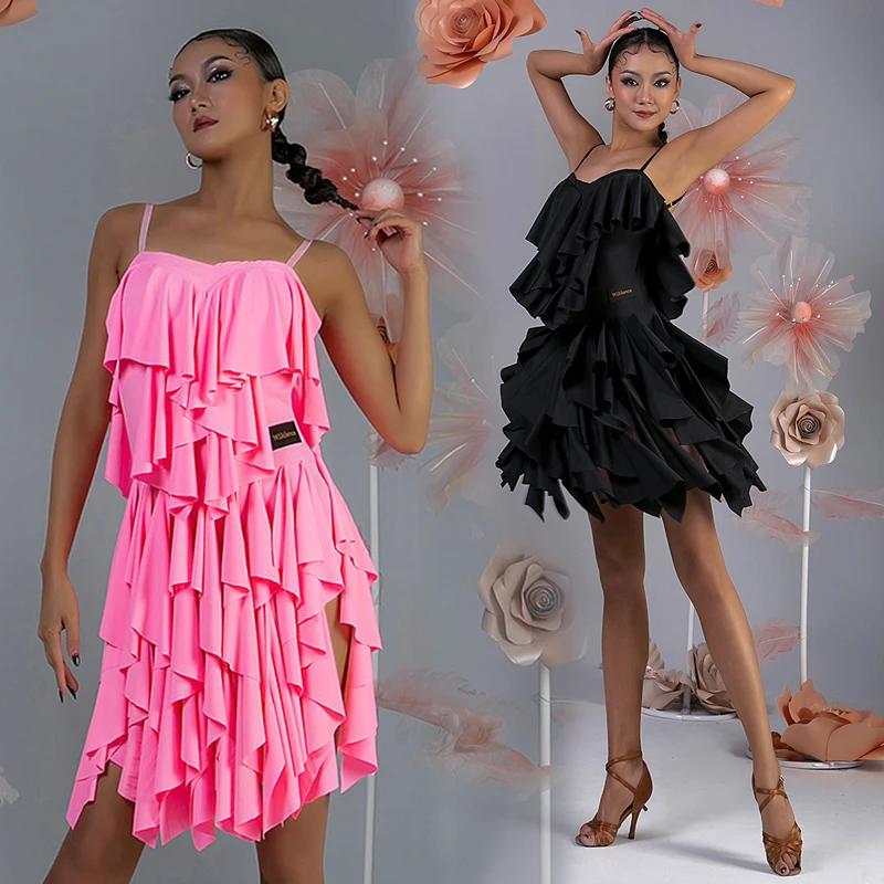 

2023 Latin Dance Dress Women Ruffle Fringe Dress Sexy Rumba Samba Performance Costume Adult Practice Clothes Pink Dress DNV17497