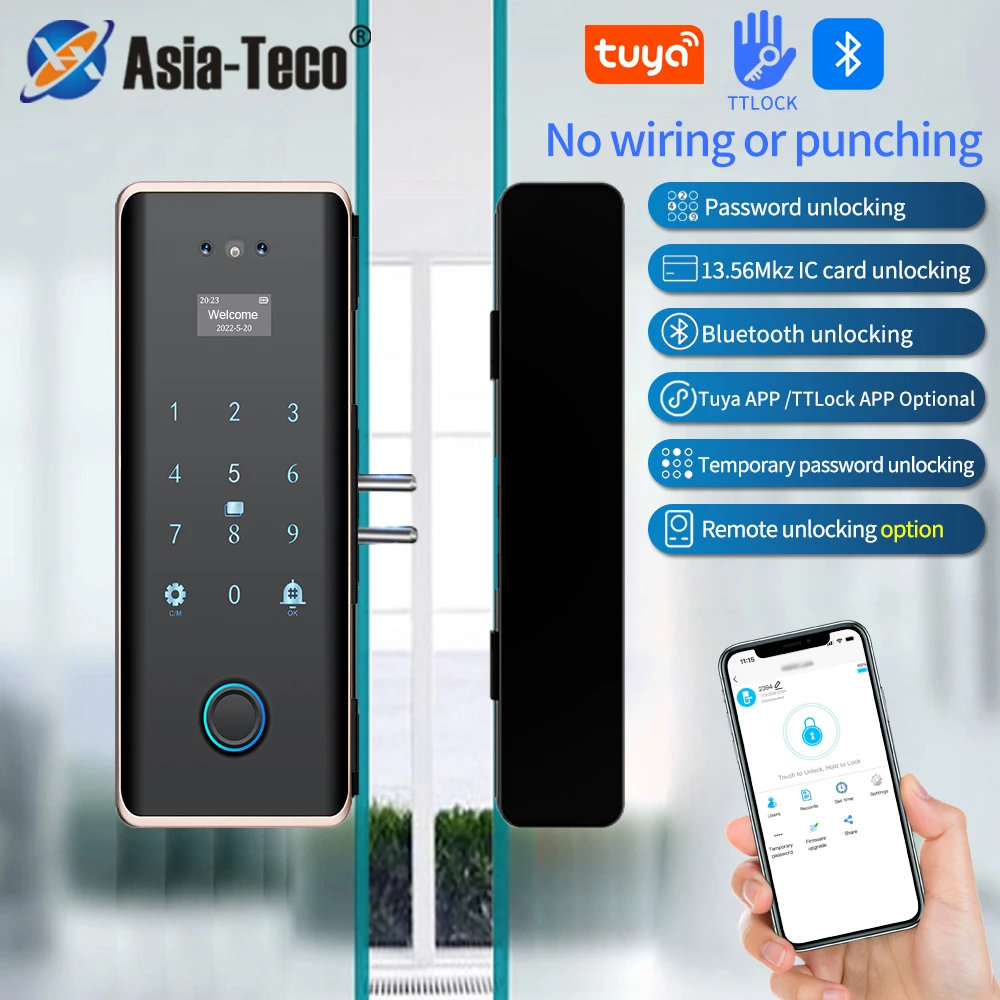 

Tuya 3D Face Smart Glass Door Lock Security with Camera Facial Recognition Fingerprint Card Password Biometric Key App Unlock