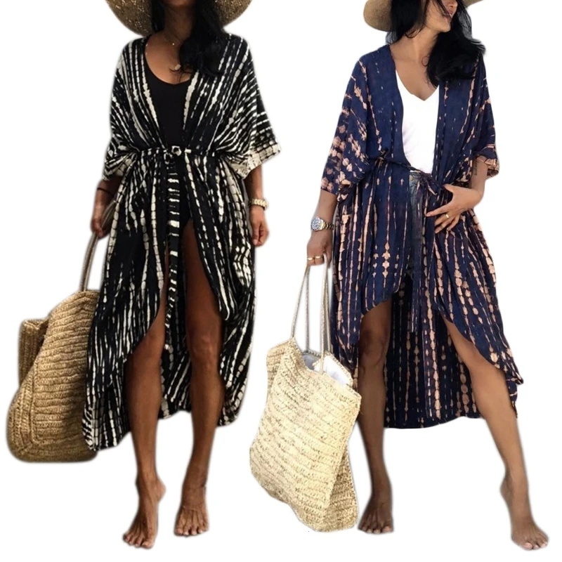 

Women Swimsuit Cover Up 3/4 Sleeves Tie-Dye Striped Printed Open Front Kimono Cardigan Belted Waist Beachwear Dropship