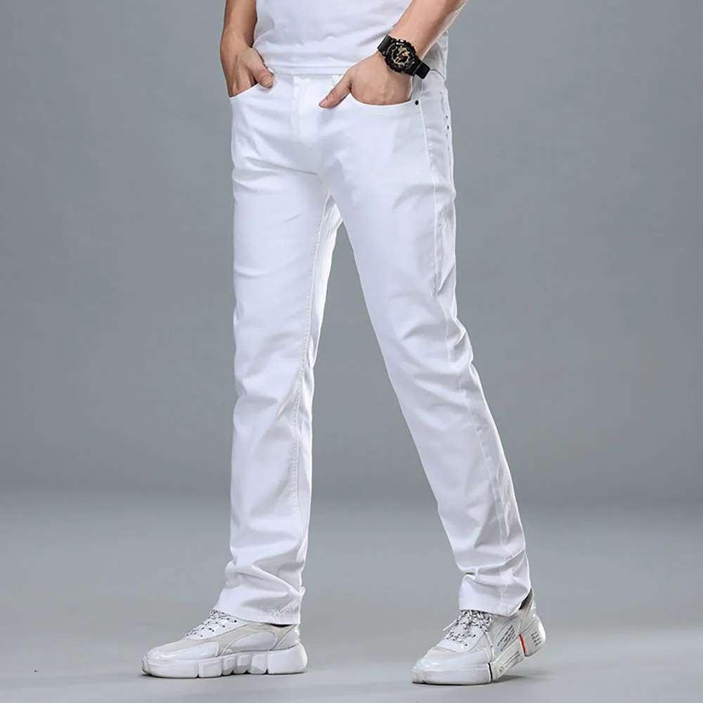

Модные белые и красные джинсы, Мужские повседневные Прямые расслабляющие брюки, уличная одежда, облегающие тянущиеся джинсовые брюки, одежда