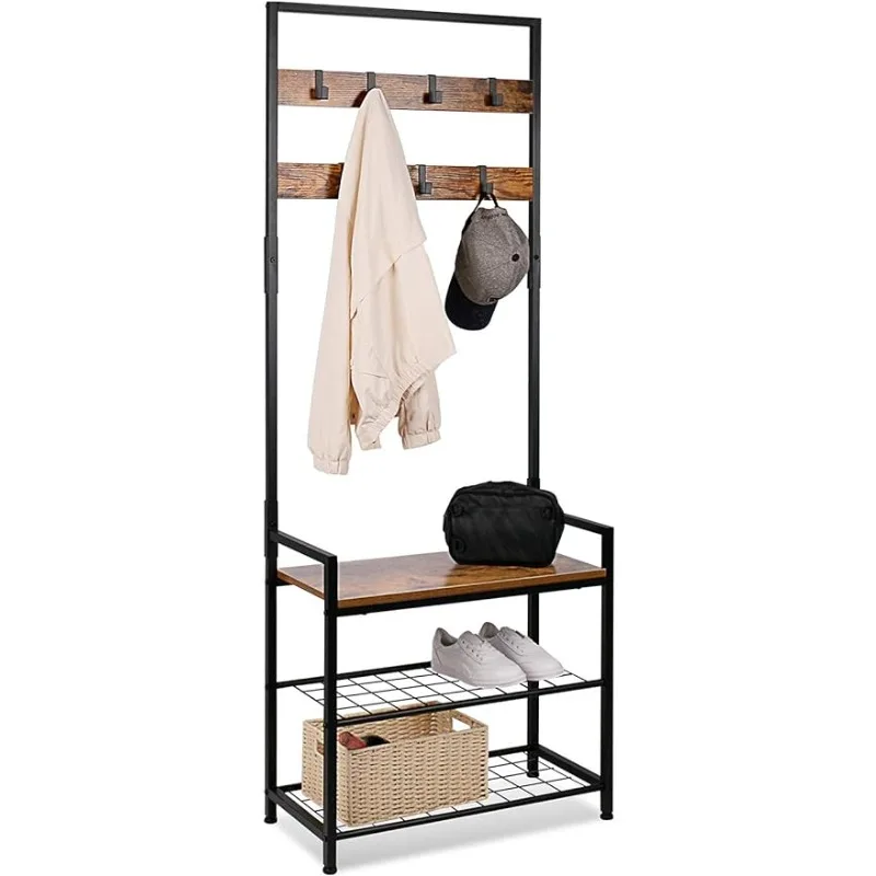 

Coat Rack Shoe Bench, Hall Tree Entryway Storage Bench, Wood Look Accent Furniture with Metal Frame, 3-in-1 Design