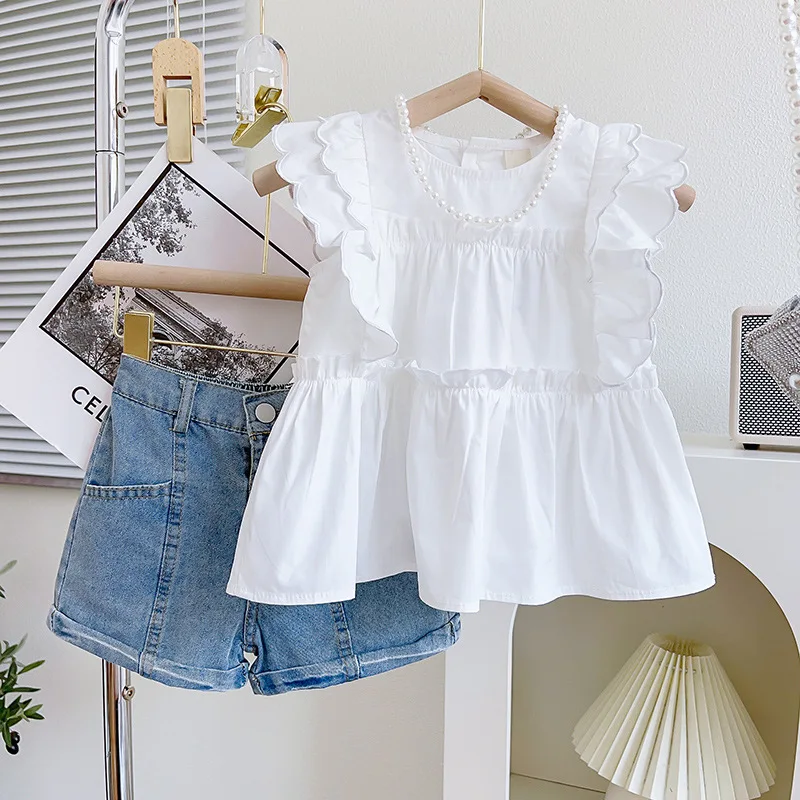 

2024Summer Suit Short Sleeve Women's Design Sense Niche Ruffled Flounced Sleeve Shirt Denim Shorts Two-Piece Suit-WSNY