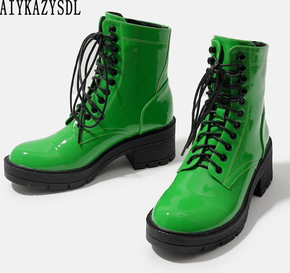 

AIYKAZYSDL Women Ankle Boots Black Green Shoes Lace Up Gladiator Rome Shoes Platform Block Heel High Top Bootie Plus Size 2023