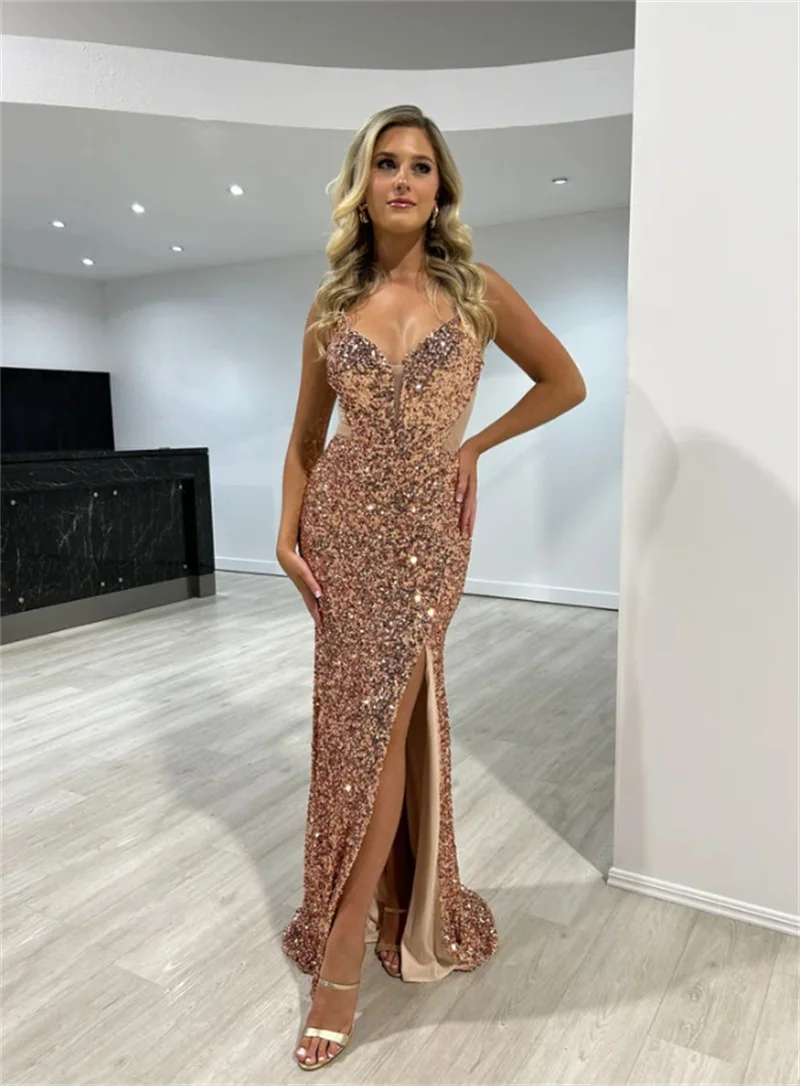 

Women Sexy Sparkly Formal Occasion Dress Temperament Backless Spaghetti Strap Cocktail Gown New Split Maxi Evening Party Dresses