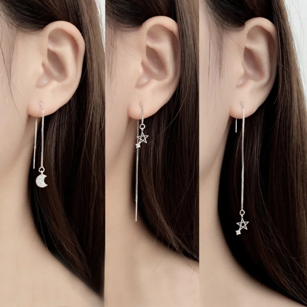 

Korean Temperament Asymmetric Piercings Earrings for Women Earline Zircon Long Tassel Star Moon Earrings Exquisite Jewelry Gifts