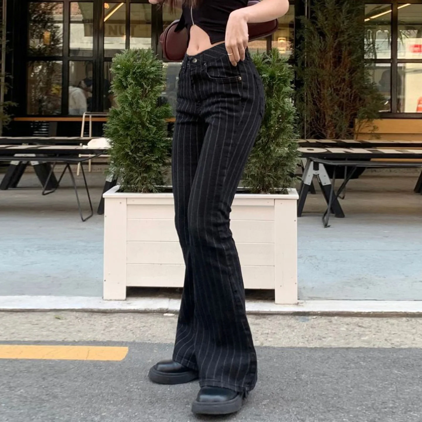 2000s Clothes Y2k Low Rise Boot Cut Jeans Woman Casual Black Striped Denim Trousers Streetwear Flare Pants P77-DD25 246 S85243f3644dd4e538ab2da5d0aac7174j