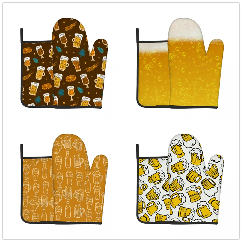 

Beer Pattern Microwave Oven Mitts And Pot Holders Set Kitchen Potholder Mats BBQ Insulation Gloves Oven Mitts Baking