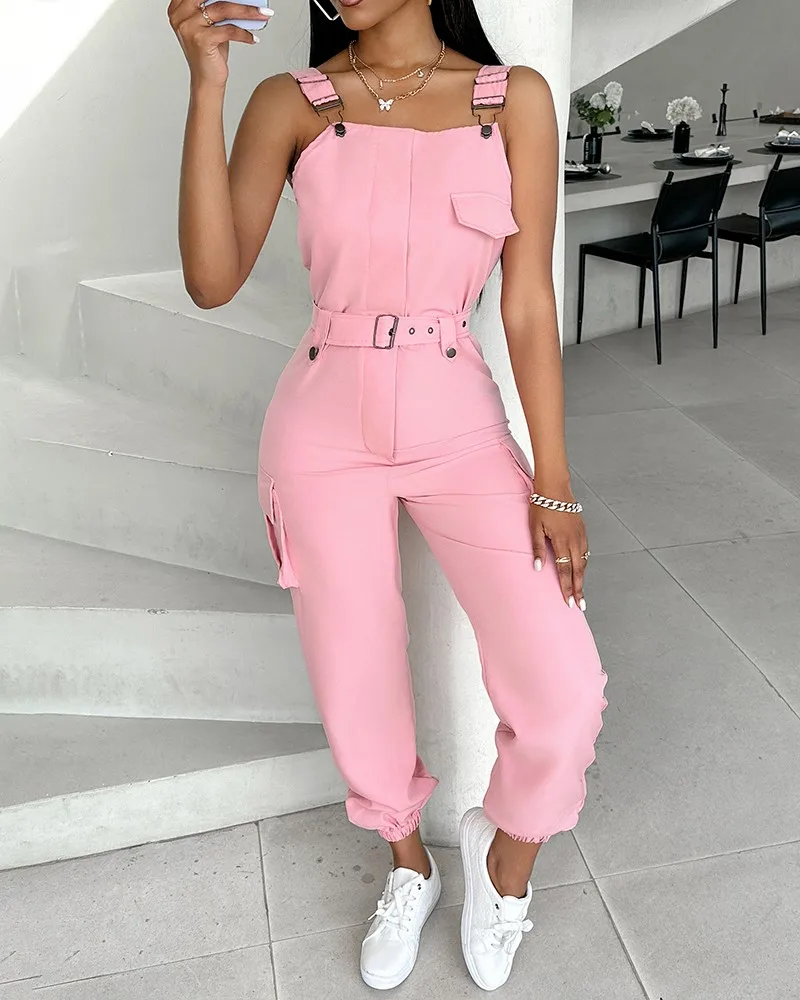 

Summer Women's Jumpsuit Solid Sleeveless Square Neck Pocket Buckle Design Casual Suspender Cargo Cuffs Pants with Belt Jumpsuit