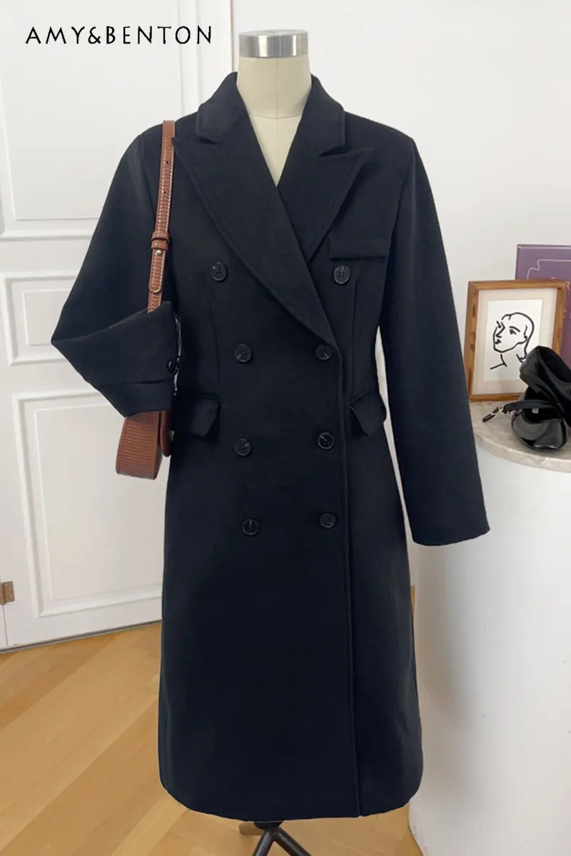 

Black Woolen Coat Women's Mid-Length Jacket Autumn and Winter New Hepburn Style Korean Style Commuter Suit Woolen Overcoat