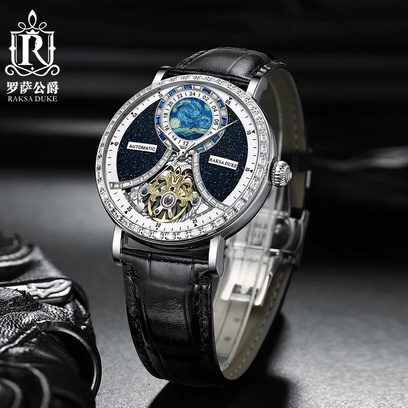 

Mysterious Starry Sky W/ Diamond Automatic Watch for Men Luxury Raksa Duke Skeleton Tourbillon Mechanical Mens Watches Relogio