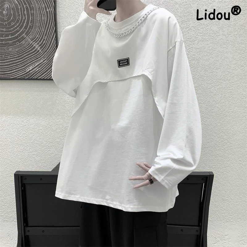 

Casual Fashion Harajuku Printing Letter White T-shirt Man New Long Sleeve High Quality O-collar Loose Youth All-match Top 2022