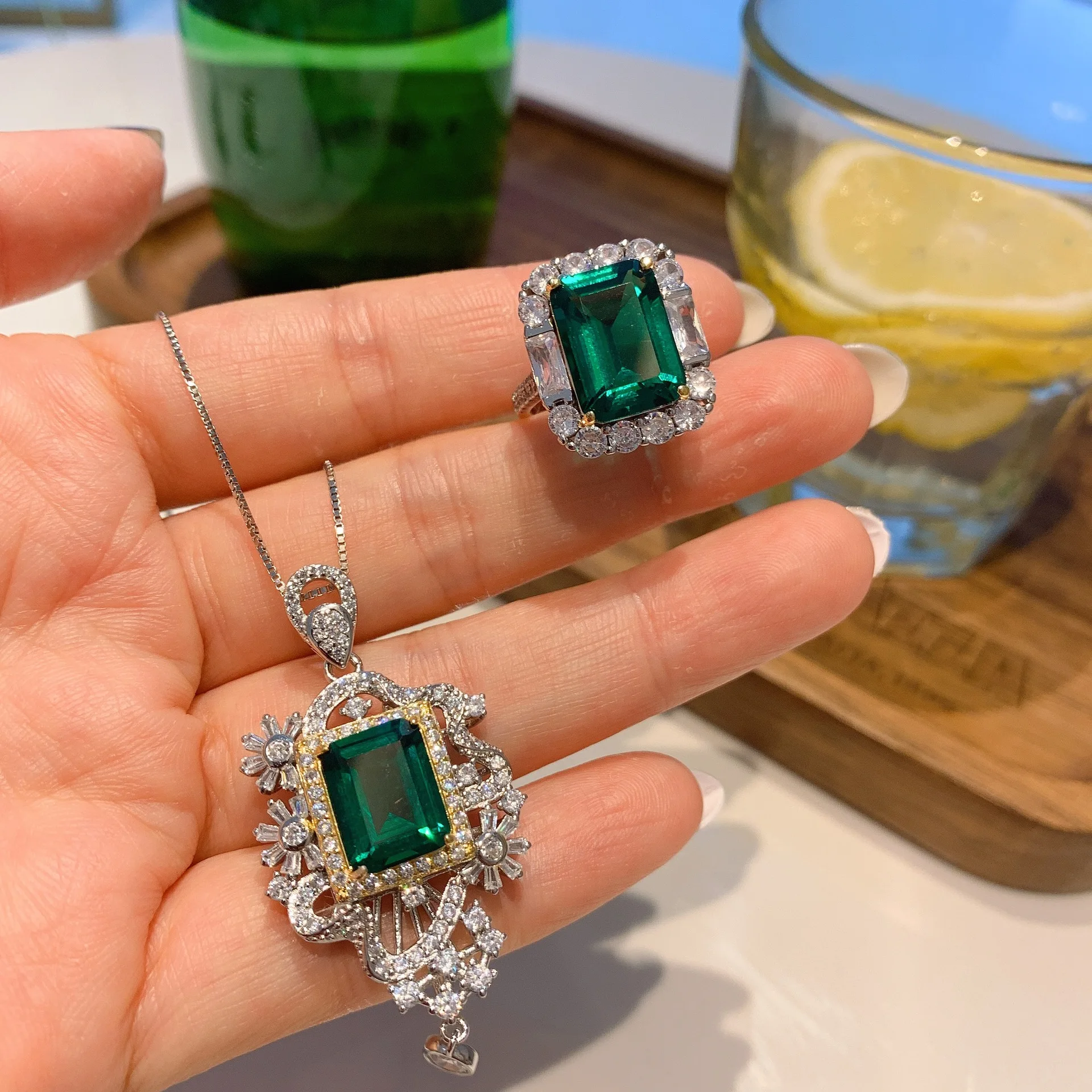 

Нефрит зеленый кристалл S925 стерлингового серебра кулон ожерелье кольцо цветок подсолнуха роскошные женщины ювелирные изделия свадебный подарок для гостя