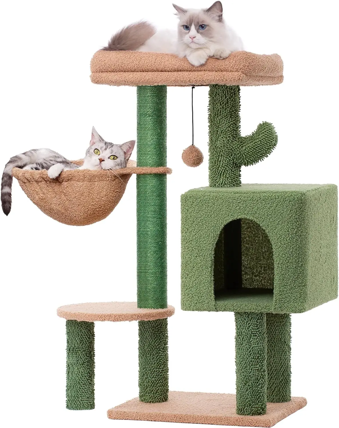 

Cactus Cat Tree 34 Inches Cute Cat Tower with Comfy Hammock, Condo, Scratching Post and Dangling Bell Ball for Indoor Cats Khaki