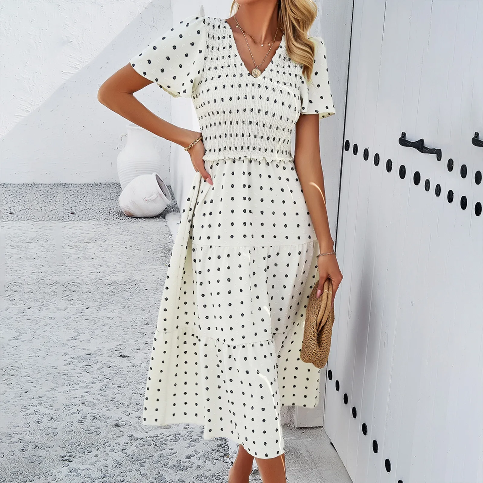 

YEAE Solid Color V-Neck Dress Long Dress Polka Dot Flared Sleeve Pullover Calf Waist Skirt Dress Commuter Casual Vacation In New