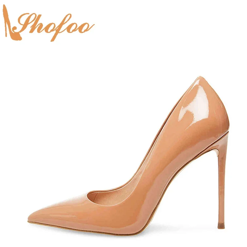 

Brown Pointed Toe High Thin Heels Stilettos Pumps Woman Patent Leather Large Size 11 15 Ladies Fashion Office Mature Shofoo