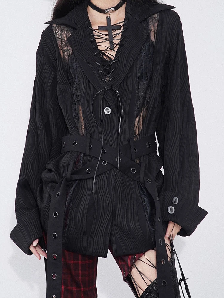 

HOUZHOU Goth Lace Shirts Women Darkwear Gothic Design Long Sleeve Blouses Female Rock Streetwear Pleated Patchwear Grunge