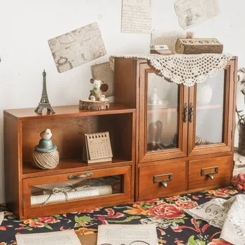 Caixas de Madeira Versáteis: Soluções de Armazenamento Elegantes para Diversas Necessidades 10 Retro Wooden Desk Storage Box Multi-layer Doll Figure Display Stand Desktop Drawer Type Cosmetic Jewelry Decoration Organizer