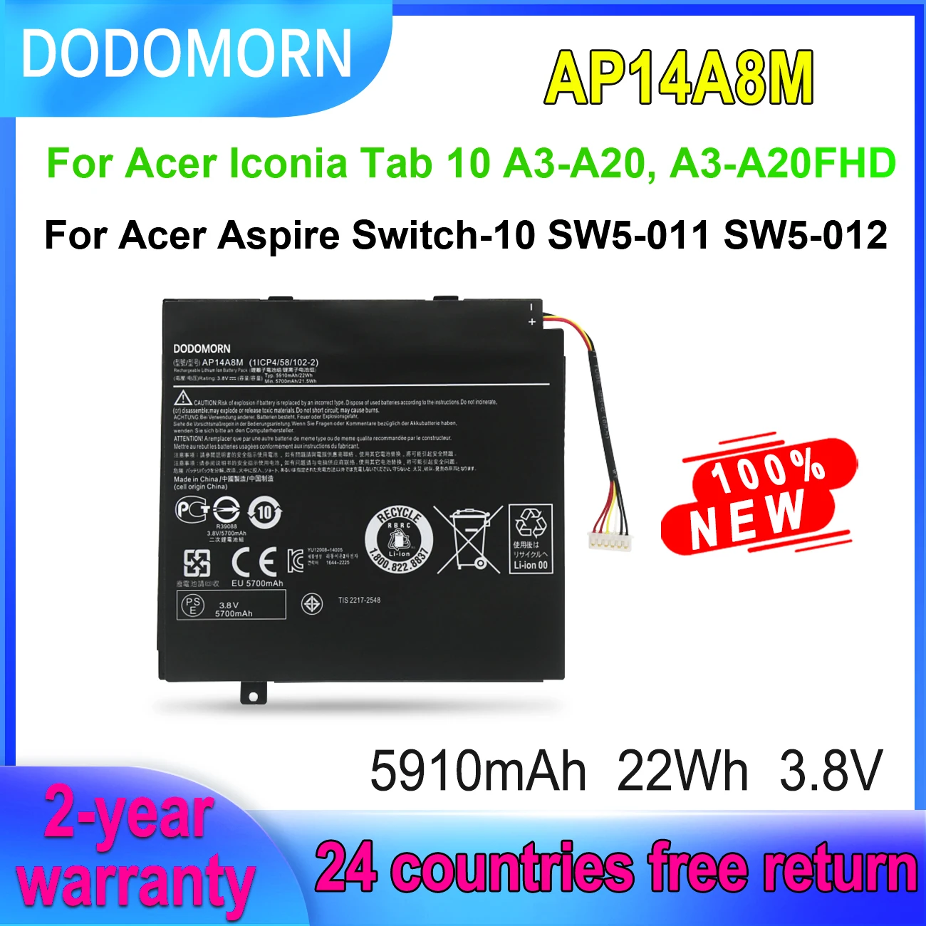 

DODOMORN AP14A8M Laptop Battery For Acer lcoia Tab 10 A3-A20 A3-A20FHD For Aspire Switch SW5-011 SW5-012 Series 3.8V 22Wh