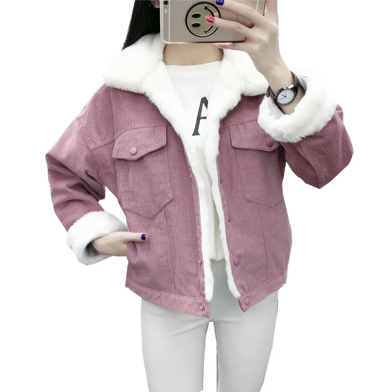 

Nice Autumn Winter Corduroy Jacket Female Korean Cotton Jacket Suit Short Thickening Students BF Wind Lamb Fur Coat Loose