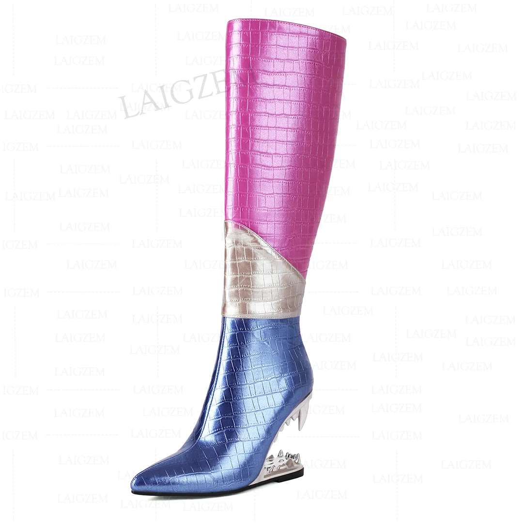 LAIGZEM Women Knee High Boots Pointed Toe Patchwork Back Zipper 10.5CM Wedges Heels Boots Ladies Shoes Woman Big Size 38 41 43
LAIGZEM Women Knee High Boots Pointed Toe Patchwork Back Zipper 10.5CM Wedges Heels Boots Ladies Shoes Woman Big Size 38 41 43