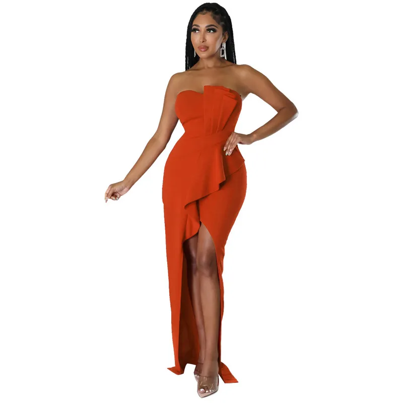 

New European and American Style High Waist Sexy Slim Height Split Wrapped Chest Party Evening Dress Fashionable and Elegant