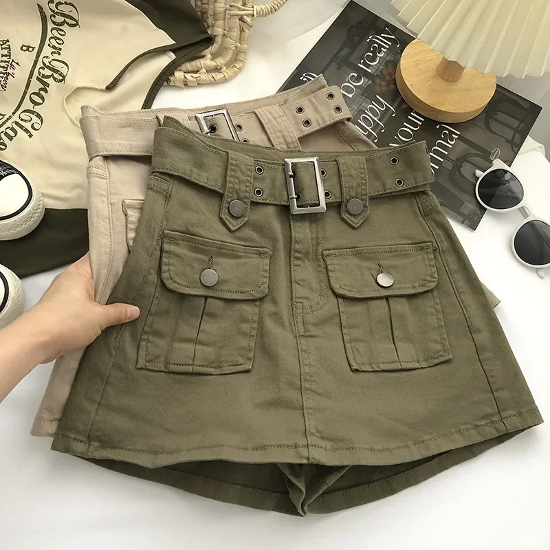 

2024 New Women Streetwear Korean High Waist Mini Skirt with Belts Short Culotte Big Pocket Grunge A-line Cargo Skirts Clothes