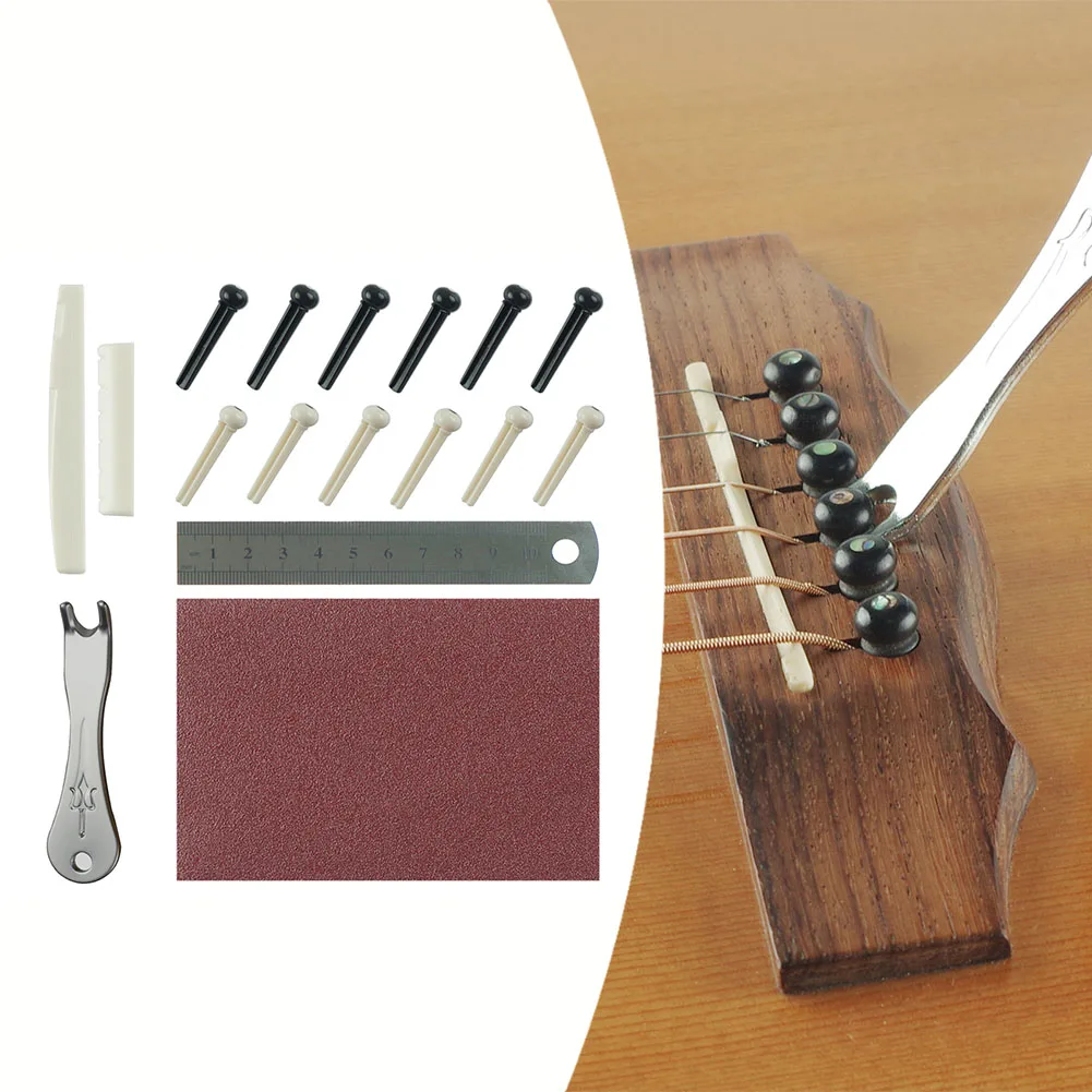 

17PC Guitar Bridge Set Parts Acoustic Guitar Bridge Pin With Puller Remover Ruler Sandpaper Luthier Tool Musical Instrument Part