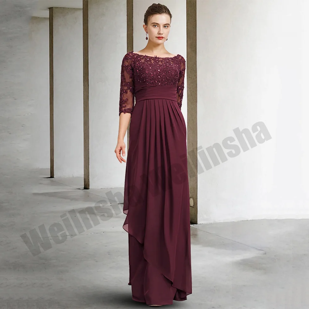 

Burgundy Chiffon Mother of The Bride Dress Scoop Neck 3/4 Sleeves Beads Sequined Applique A Line Floor Length Wedding Guest Gown