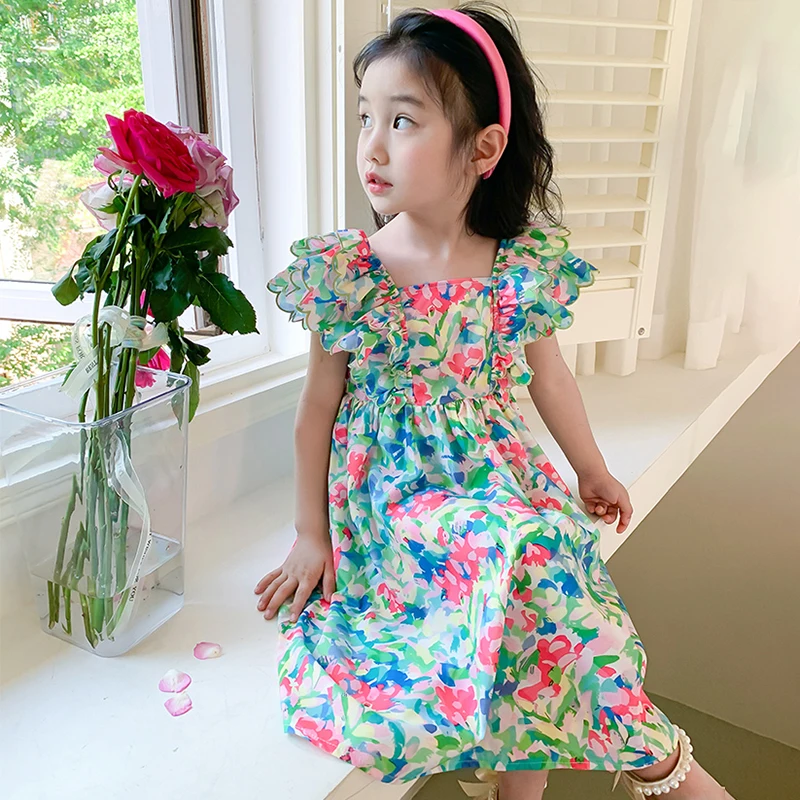

Летнее платье для девочек, детский хлопковый сарафан без рукавов с цветочным принтом, милая удобная Пляжная одежда, детская повседневная одежда