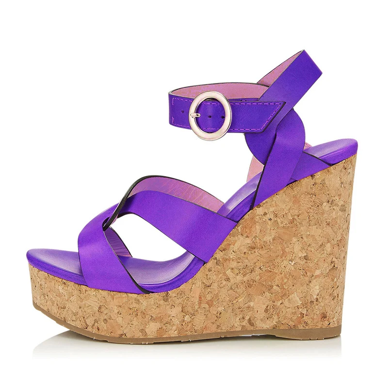 

Blue Purple Brown Crossed Strap Wedge Heel Sandals Ankle Strap High Platform Gladiator Peep Toe Femmes Beach Vacation Shoes