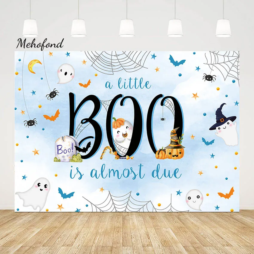 

Mehofond Baby Shower Backdrop A Little Boo is Almost Due Welcome Party Evil Pumpkin Ghost Bat Decor Halloween Background Props