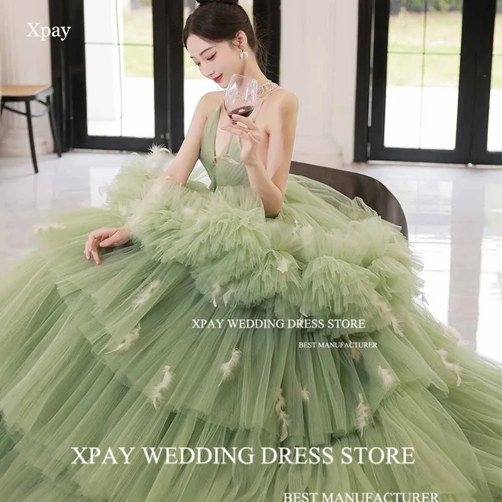 

XPAY Luxury Sage Green Ball Gown Spaghetti Straps Korea Tiered Evening Dresses Formal Prom Gown Photo Shoot Wedding Party Dress
