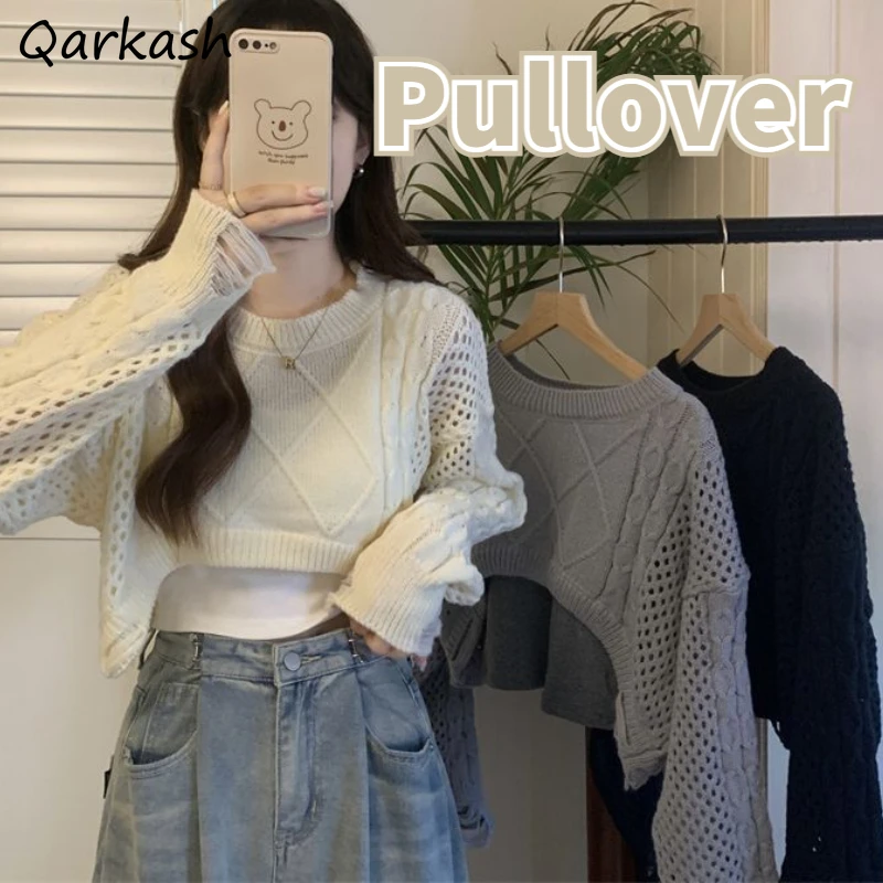 

Pullovers Women Hollow Out Sweater Cropped Vintage Solid Autumn Streetwear Temper Clothing Knitted Casual Soft Basics Daily 2023
