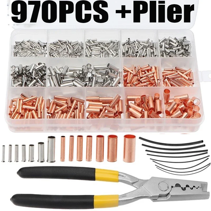 

970pcs Copper Connecting Pipe Wire Joint Small Copper Tube Terminal Cable Lug Bootlace Ferrule Kit With Heat Shrink Tube Plier