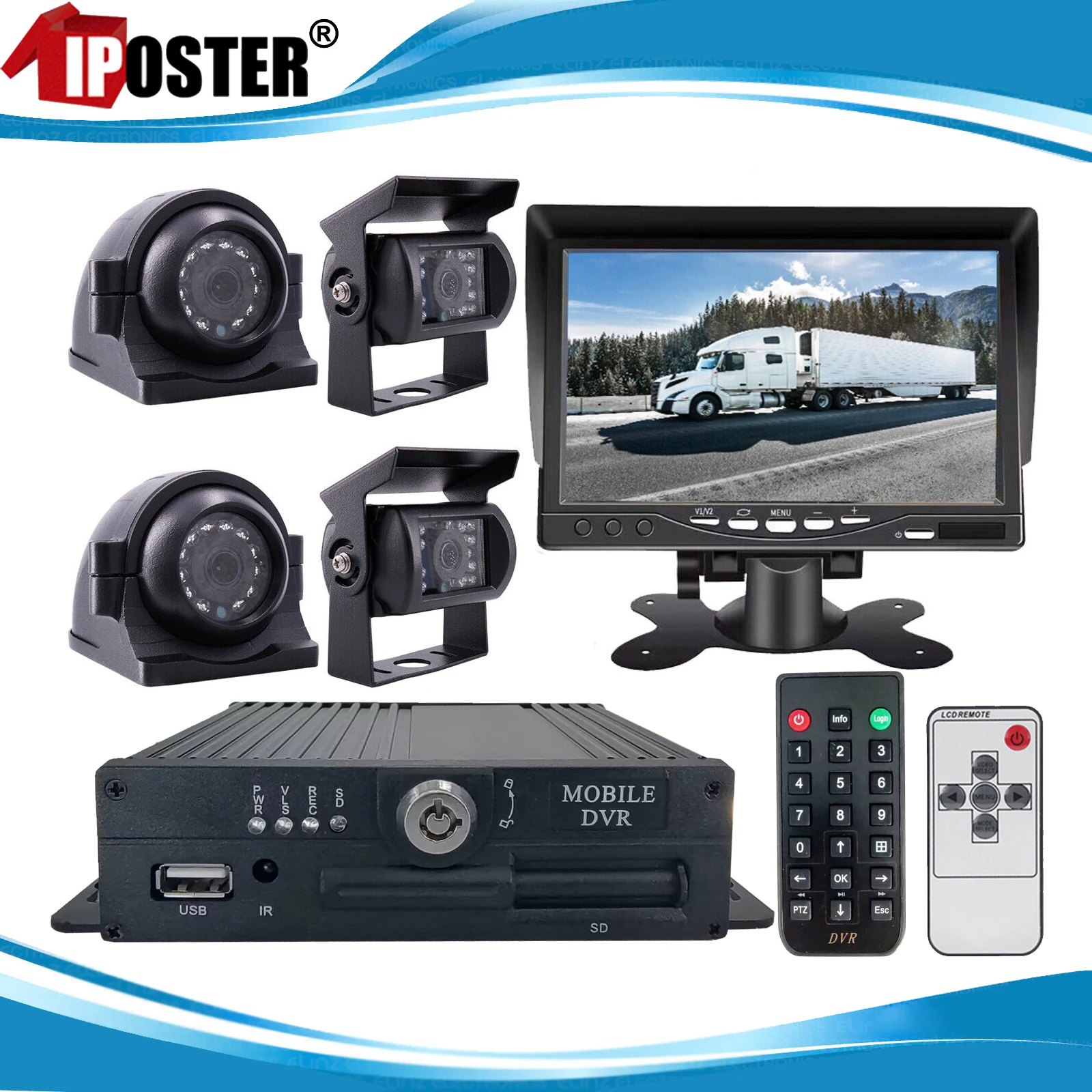 

iPoster Truck Car Vehicle 7 Inch Monitor with 4ch AHD 1080P Front Sides Rear View DVR Video Recorder Kit For Bus Trailer Van