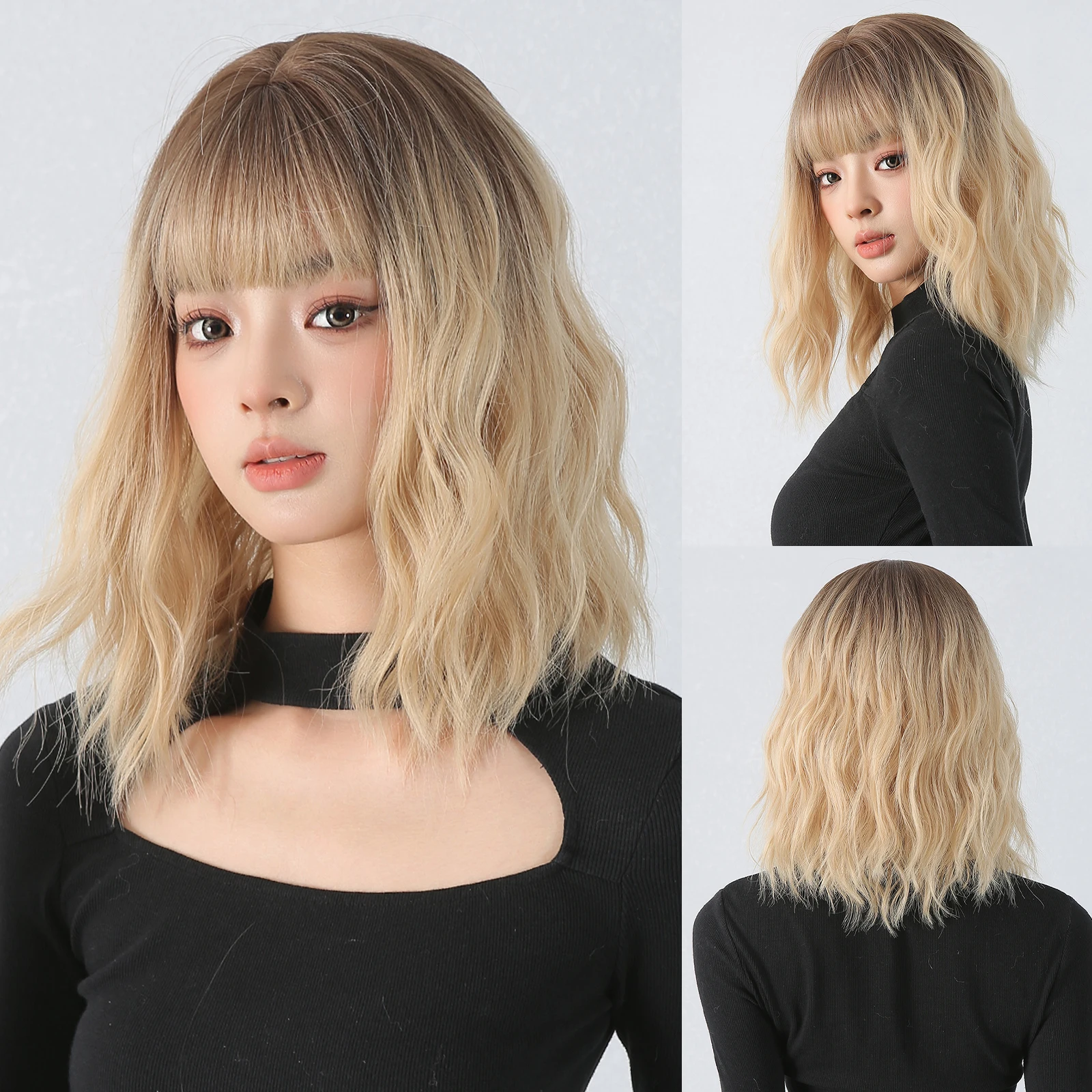 

Short Water Wavy Synthetic Wig Blonde Ombre Brown Women's Bob Wig with Bangs Cosplay Daily Hair for Women Natural Heat Resistant