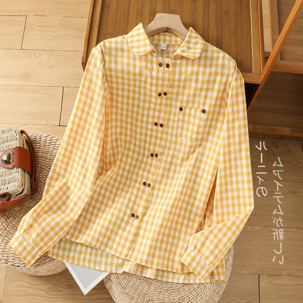 Рубашка женская в клетку, свободная блузка из хлопка и льна, повседневный винтажный двубортный топ с длинным рукавом, одежда на весну, лето, осень 
Рубашка женская в клетку, свободная блузка из хлопка и льна, повседневный винтажный двубортный топ с длинным рукавом, одежда на весну, лето, осень