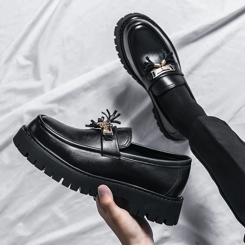 

Platform Business Formal Leather Shoes Round Toe Shoes Tassels Loafers Luxury Casual Increase Oxford Shoes Black Wedding Shoes