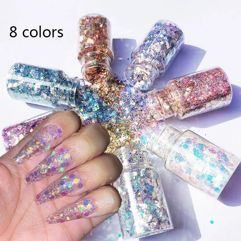 

1 Bottle Fairy Pupil Nail Sequins Holographic Chunky Glitter Laser Mixed Hexagon Shape Sparkly Paillette Spangle Glitter Flakes
