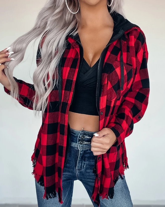 

Jacket Women Coat Fashion Plaid Print Raw Hem Zipper Design Hooded Shacket 2023 Autumn Casual Versatile Outerwear Cardigan Top