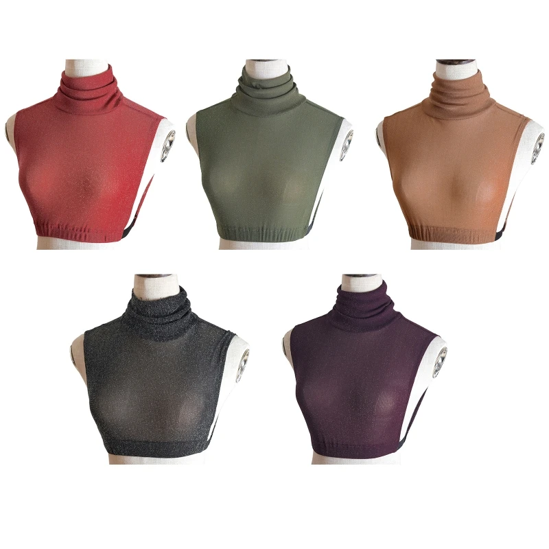 

Women Turtleneck Translucent Mesh Shiny False Fake Collar Solid Color Stretchy Detachable Pullover Half Top Bottoming Shirt