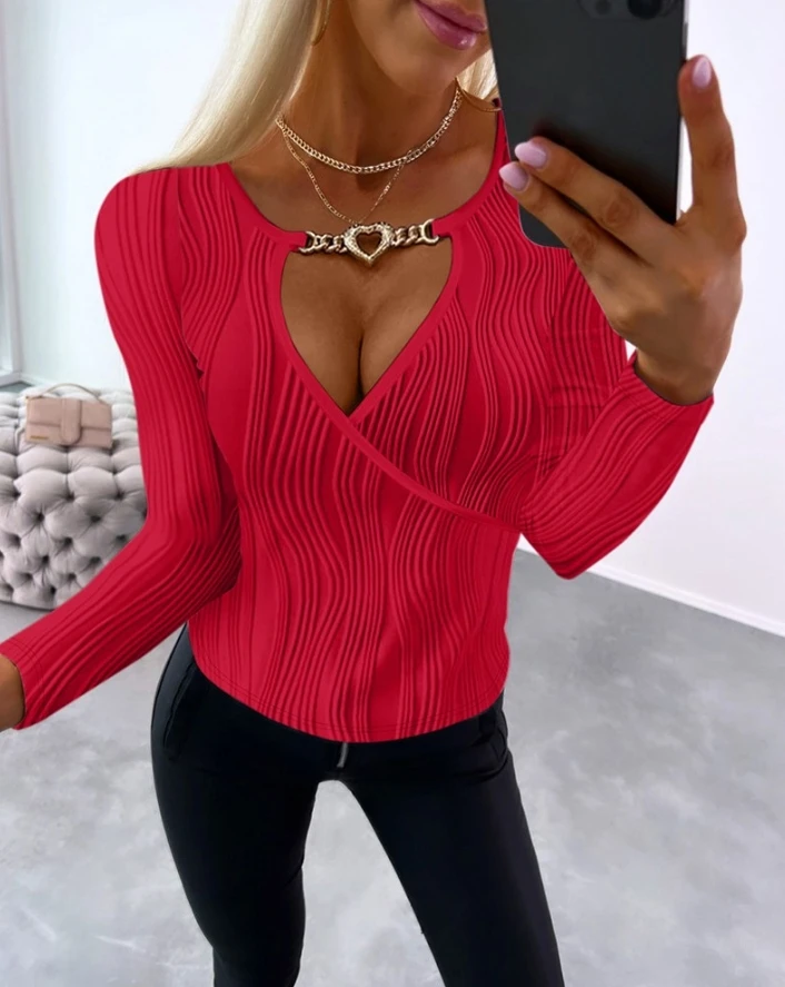 

2024 Women's Blouse Tops Long Sleeve Keyhole Neck Hollow Heart Chain Decor Textured Casual Solid Color Overlap Slim Fit Tee Top