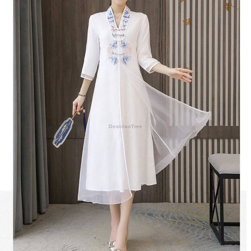 

2024 chinese style improved women hanfu dress embroidery retro national style cheongsam loose casual daily zen tea dress w416