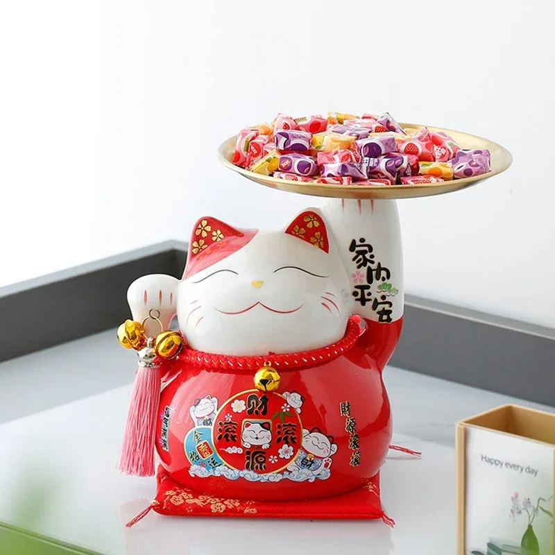 

Ceramic Lucky Cat Figurine Fortune Cat Storage Tray Maneki Neko Candy Box Home Decoration Mascot Ornament Art Sculpture