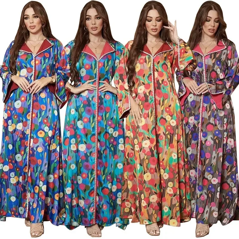 

Printed Dress Muslim Dress Satin Stitching Twist Drill Fashion Jalabia Robe Evening Dresses abaya robe abayat