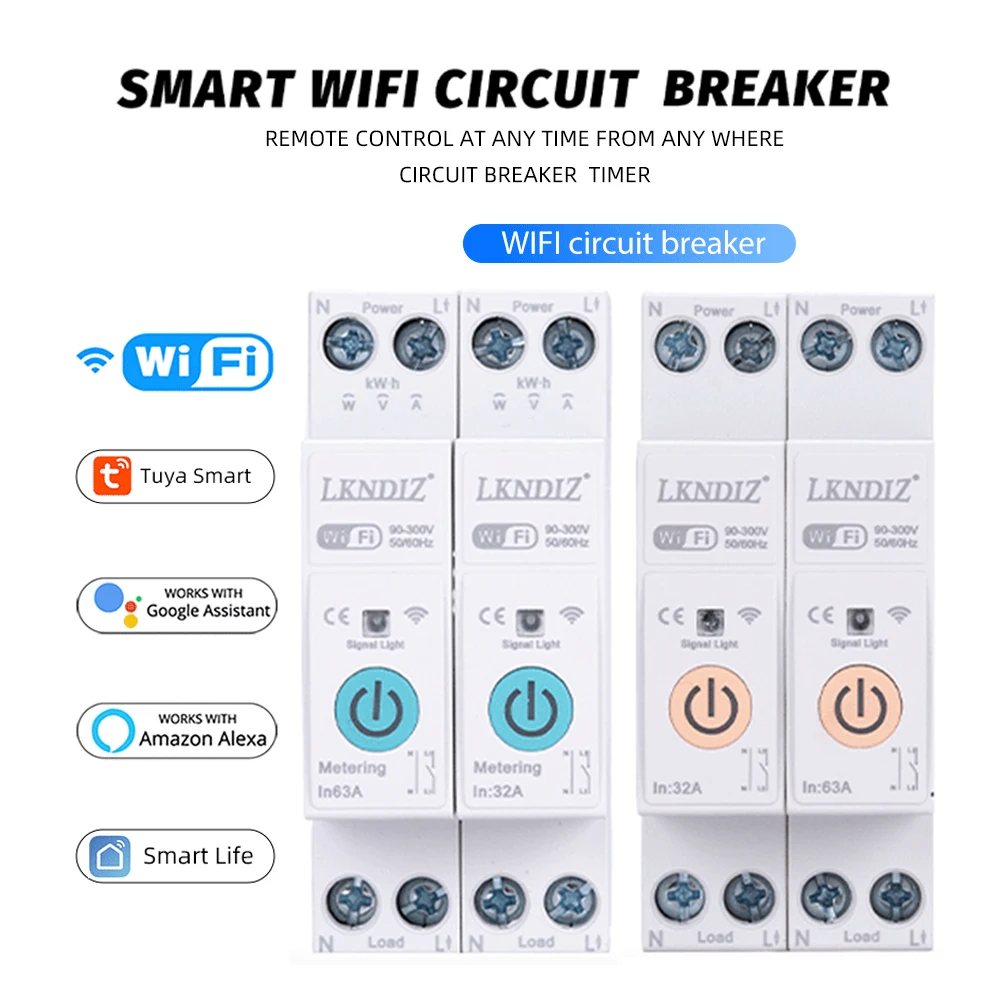 

New WIFI Smart Circuit Breaker With Metering 63A Wireless Remote Control Switch by TUYA APP Voltage Kwh Meter Time Relay