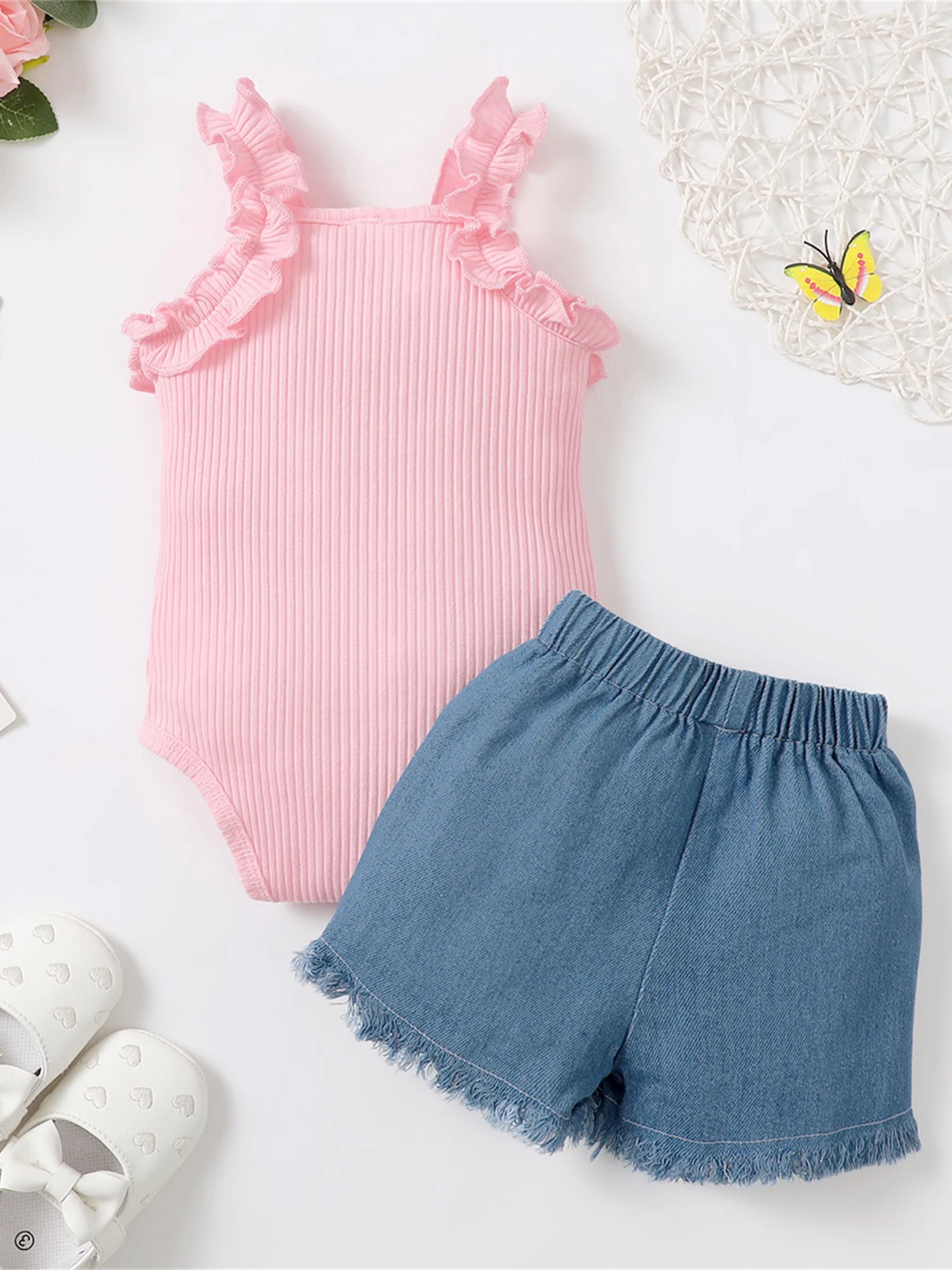 

Adorable 2-Piece Baby Girl Summer Outfit Sleeveless Ruffled Knitted Romper Top and Floral Embroidered Denim Shorts