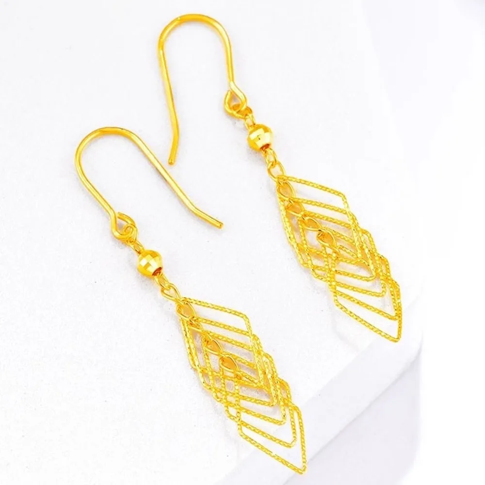 

Real Pure 999 24k Yellow Gold Dangle Women Lucky Bead Hollow Rhombus Tassel Earrings 2.1g